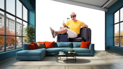 Happy young man going on summer vacation isolated on white Wall mural