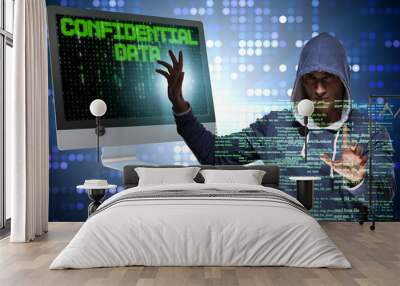 Hooded hacker in data computer security concept Wall mural