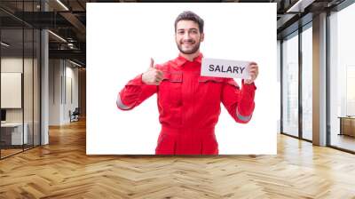 Man in coveralls with message isolated on white Wall mural