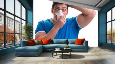 Man sweating excessively smelling bad isolated on white backgrou Wall mural