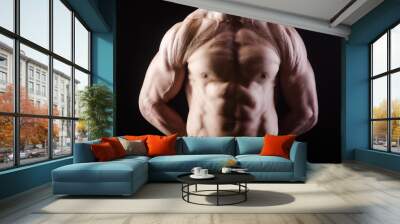 Muscular man posing in dark studio Wall mural