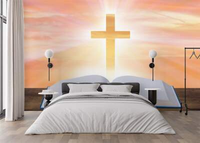 Religious concept with cross and bible book Wall mural