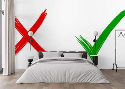 Tick and cross signs. Green checkmark OK and red X icons, Simple marks graphic design. Symbols YES and NO button for vote, Check box list icons. Check marks vector. Wall mural