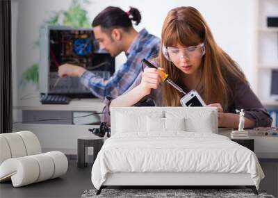 Two technicians working at computer warranty center Wall mural