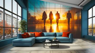 Walking towards success, business professionals are silhouetted by the light of a golden sunset Wall mural