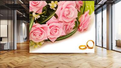 Wedding concept with roses and rings Wall mural