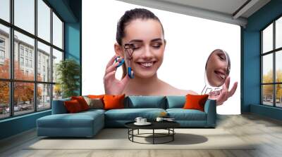 Woman in beauty concept applying make up using cosmetics Wall mural