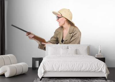 Woman wearing safari hat on white Wall mural