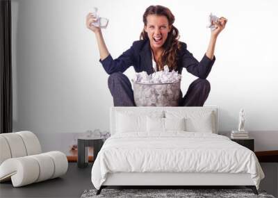 Woman with lots of discarded paper Wall mural