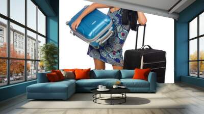 Woman with suitcase isolated on white Wall mural