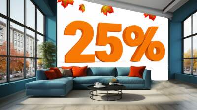 orange 3d 25 % percent text on white background with leaves for autumn sale campaigns. see whole set Wall mural