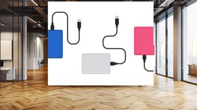 External hard disk drive with USB cable colorful set. Vector illustration isolated on white background Wall mural