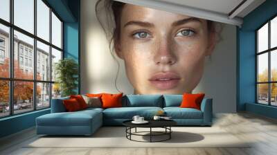 Close-up indoor natural portrait of a young woman model with freckles on a light background Wall mural