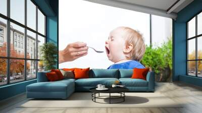 feeding baby with a spoon open mouth Wall mural