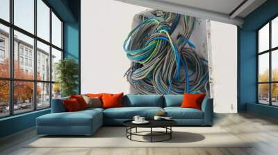 Installing electric wires in wall room. Construction site building finishing Wall mural