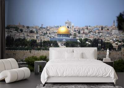 view of the old city of Jerusalem in Israel with an olive mountain. the golden dome of the Moslem mosque Wall mural