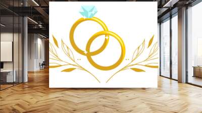 wedding rings with flowers. wedding rings on a white Wall mural