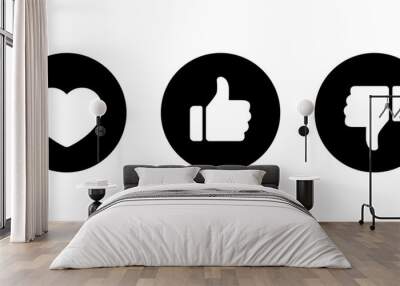 Love, like, and dislike icon on black circle. Heart, hand thumb up and down concept Wall mural