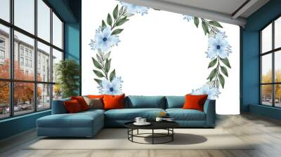 beautiful of soft blue wreath, circle frame with blue flower and green leaves Wall mural