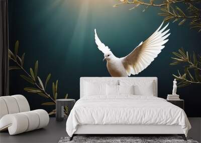 A graceful white dove in flight amid olive branches, biblical story, Christianity, dove of peace Wall mural