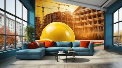 Banner Construction Site With Yellow Hard Hat Positioned on Wooden Planks in Urban Wall mural