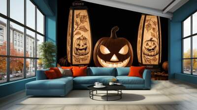 Decorative Halloween pumpkins with carved faces, autumn leaves, and a lantern Wall mural