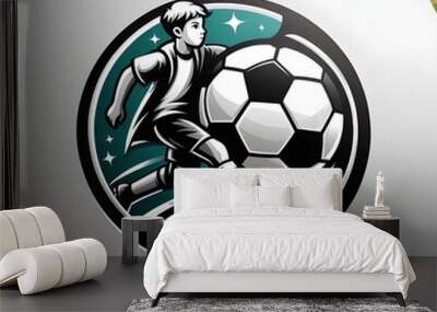 Football logo A boy plays soccer on a green field, demonstrating skill and excitement Wall mural