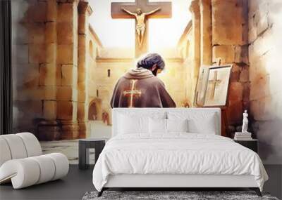 Man in the robe kneeling and praying in front of the cross. Digital watercolor painting. Wall mural