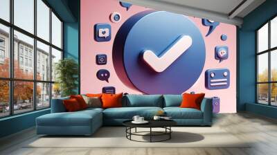 A 3D vector illustration featuring a speech bubble with a tick mark, specifically designed for applications related to photo gallery platforms, online social media comments, and emoji messages. Wall mural