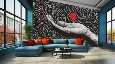 A black and white hand holds a red location pin, creating a destination sign in a modern collage style. Vector illustration.  Wall mural