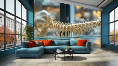 A complete human spine skeleton model is displayed on a glass table, reflecting its intricate structure beautifully. This model includes the cervical, thoracic, lumbar spine, and sacrum Wall mural