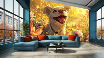 A gleeful canine frolics through a vibrant tapestry of blooming flowers under the golden embrace of the sun.  Wall mural