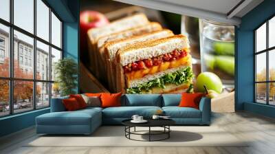 A nutritious packed lunch includes a sandwich, fresh fruit, and water.  Wall mural