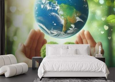 A poignant representation of World Environment Day, featuring two human hands cradling the Earth globe with a heart-shaped tree overlay, set against a blurred green nature background. Wall mural