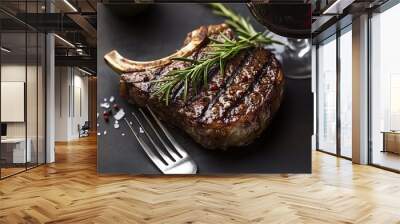 A savory grilled rib-eye steak seasoned with aromatic rosemary, ready to savor. Complemented by a delectable red wine, both elements rest enticingly against a dark backdrop. The steak Wall mural