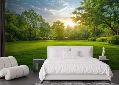 A stunning wide-format image capturing a manicured country lawn bordered by trees and shrubs, set against a bright summer day backdrop. Embracing the essence of spring and summer nature. Wall mural