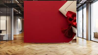 A top view of a diploma adorned with a beautiful bow and a graduation cap with a tassel, set against a red background Wall mural