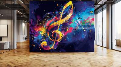 A vibrant and captivating music promotional poster features a prominent G-clef and an array of colorful music notes, set against an artistic abstract background with a music staff. Wall mural