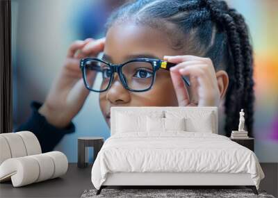 A young schoolgirl thoughtfully adjusts her new eyeglasses, ensuring clear vision and optimal eye health.  Wall mural