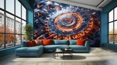 Abstract 3D gear with digital circuits and arrows symbolizes futuristic technology. It represents the convergence of mechanical engineering and innovation design Wall mural