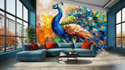 An original oil painting on canvas featuring a beautiful multicolored peacock, presented as a piece of modern art.  Wall mural