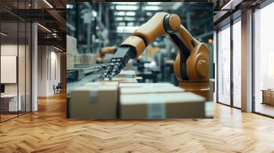 Automated robotic arm operates in a smart factory, utilizing technology to blur its background. The arm is programmed to plan and design products efficiently, enhancing logistic operations.  Wall mural