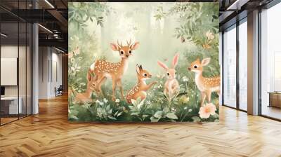 Bring the magic of the forest into your child's room with this enchanting wallpaper mural. Featuring adorable animals like deer, foxes, and bunnies frolicking amidst lush greenery Wall mural