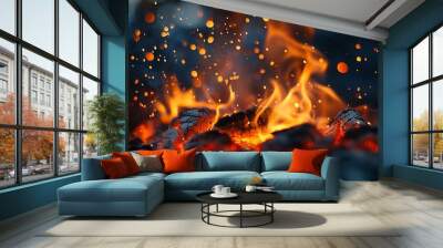 Capture the essence of a charcoal barbecue with this stunning image. Flames dance and sparks fly, creating an abstract display of heat and movement Wall mural