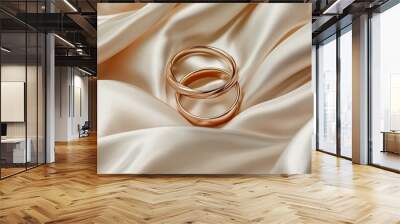 Chic satin fabric with soft pleats adorned by two timeless gold wedding bands. A captivating backdrop for wedding celebrations, providing inspiration for designers Wall mural