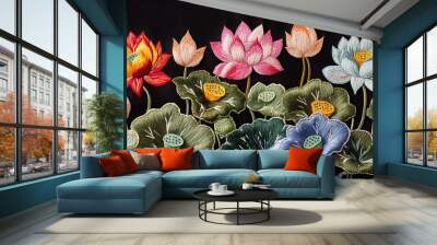 Colorful lotus flowers and leaves embroidered on a black background. This tapestry-style illustration features a decorative floral design with beautifully textured stitch patterns Wall mural