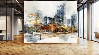 Conceptual depiction of urban growth featuring elements of sketching and photography, representing the interplay of real estate development and the dynamic cityscape Wall mural