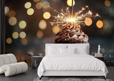 Decadent chocolate cupcake adorned with a twinkling sparkler, tantalizing the senses with its rich aroma and festive glow.  Wall mural