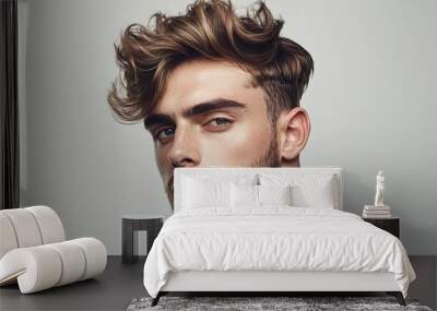 Discover the latest stylish hairstyles for men, showcased against a crisp white backdrop, providing inspiration for designers seeking to elevate their creations with on-trend grooming options.  Wall mural