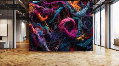 Embroidered threads weave in entangled chaos, forming a knotted masterpiece. A tale unfolds in vibrant macro, where the abstract beauty of disorder reigns supreme Wall mural